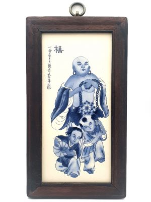 Petit Panneau chinois en Bois et Porcelaine Bouddha chinois Petit Panneau chinois en Bois et Porcelaine Bouddha chinois