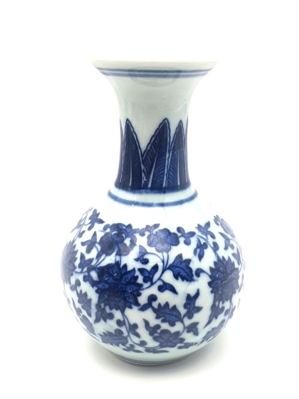 Petit vase chinois en porcelaine - Blanc et bleu - Fleur