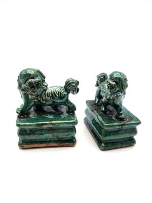 Petite Paire de Chiens Foo en porcelaine - Vert