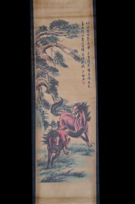 Petite Peinture Chinoise - Kakemono - L'arbre et les chevaux