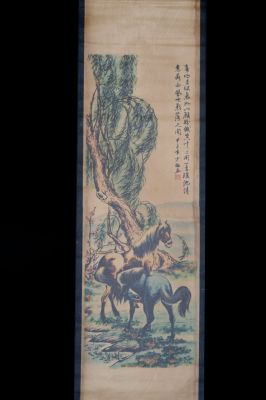 Petite Peinture Chinoise - Kakemono - Les 2 chevaux dans la forêt