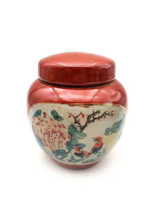 Petite Potiche Chinoise en Porcelaine Colorée - Rouge - Deux oiseaux sur l'arbre