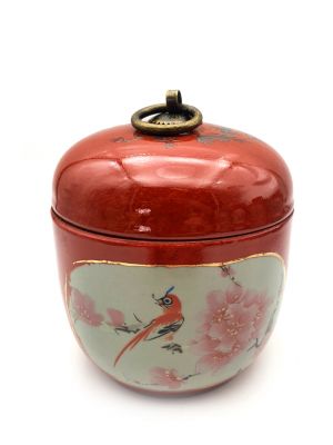 Petite Potiche Chinoise en Porcelaine Colorée - Rouge - Oiseau sur un cerisier