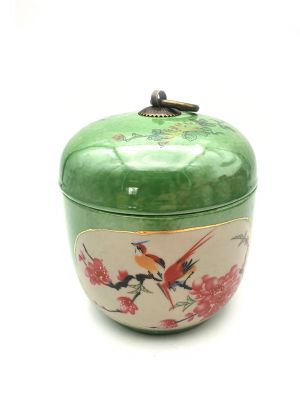 Petite Potiche Chinoise en Porcelaine Colorée - Vert - Oiseau du paradis sur un cerisier