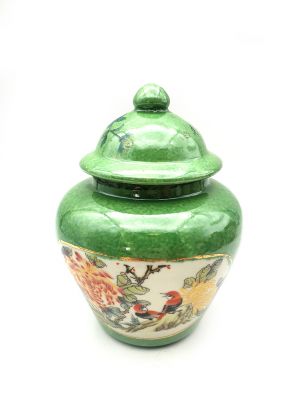 Petite Potiche Chinoise en Porcelaine Colorée - Vert - Paysage de Chine - Oiseaux