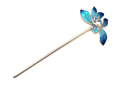 Pic à cheveux chinois en émail - Cloisonné - Grande fleur - Bleue marine