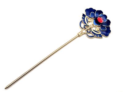 Pic à cheveux chinois en émail - Cloisonné - Le Camelia rouge et bleu