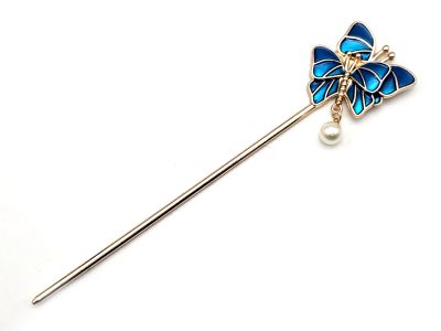 Pic à cheveux chinois en émail - Cloisonné - Les deux papillons - Bleu marine