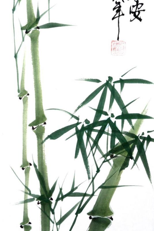 Pintura china moderna - Acuarela en papel de arroz - Bambú verde 3