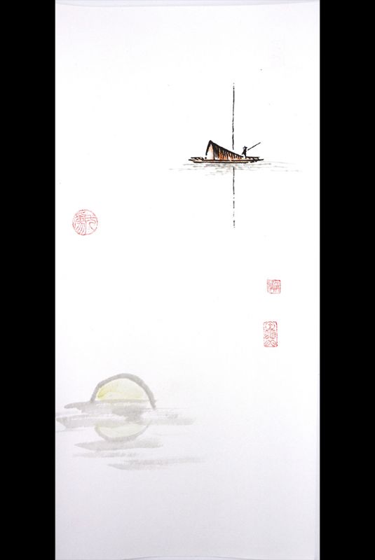Pintura china moderna - Acuarela en papel de arroz - El bote de madera 1