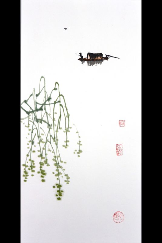Pintura china moderna - Acuarela en papel de arroz - El rio 1