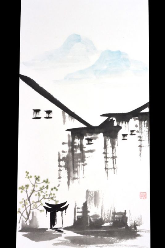 Pintura china moderna - Acuarela en papel de arroz - La puerta y las montañas 1