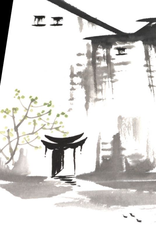 Pintura china moderna - Acuarela en papel de arroz - La puerta y las montañas 2