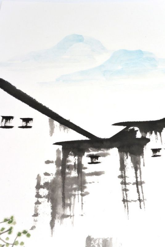 Pintura china moderna - Acuarela en papel de arroz - La puerta y las montañas 3