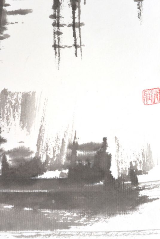 Pintura china moderna - Acuarela en papel de arroz - La puerta y las montañas 4