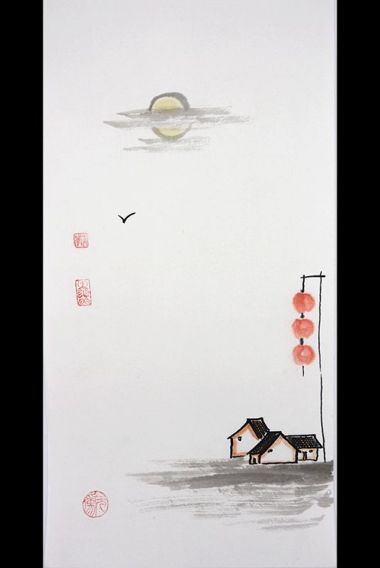 Pintura china moderna - Acuarela en papel de arroz - Pequeño pueblo 1
