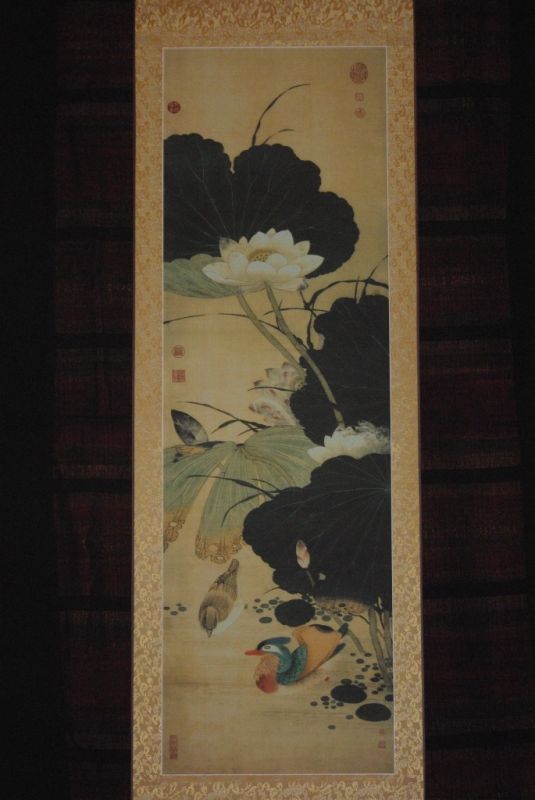 Pintura China sobre seda Pato y flor de loto 1