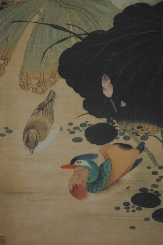 Pintura China sobre seda Pato y flor de loto 3