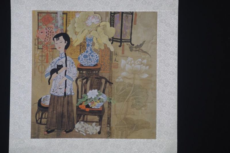Pinturas Chinas Para Enmarcar Mujer y flor de loto 1