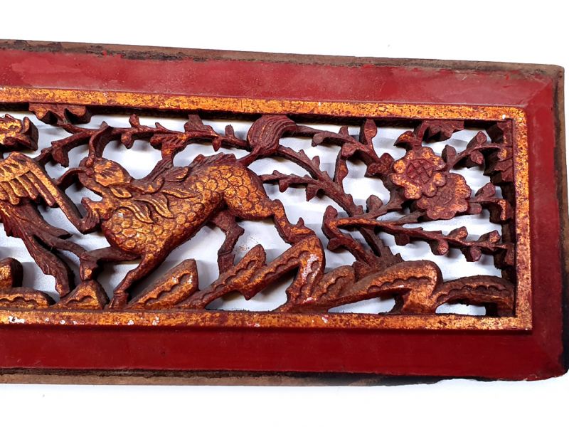 Placa de Madera Dinastia Qing Rojo y dorado - Animales fantásticos 3