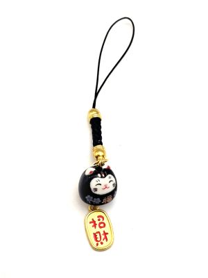 Porte-bonheur Japonais - Maneki-neko suspendu - Noir: Protection et sagesse