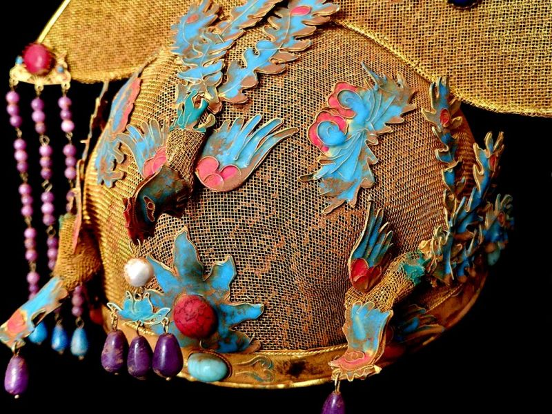 Qing Imperial Theatrical Headdress with Turquoise Enamel & Pink‑Purple Tassels 2