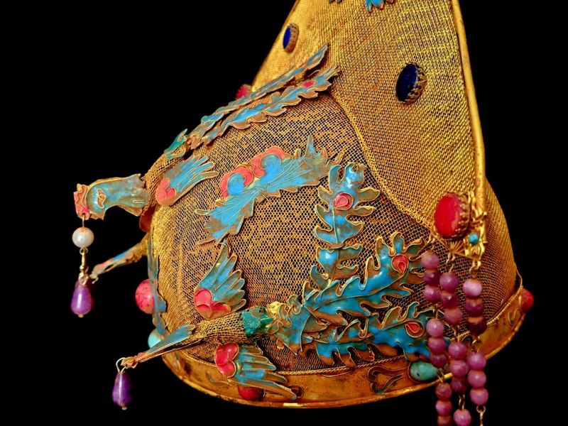 Qing Imperial Theatrical Headdress with Turquoise Enamel & Pink‑Purple Tassels 4