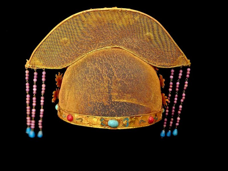 Qing Imperial Theatrical Headdress with Turquoise Enamel & Pink‑Purple Tassels 5