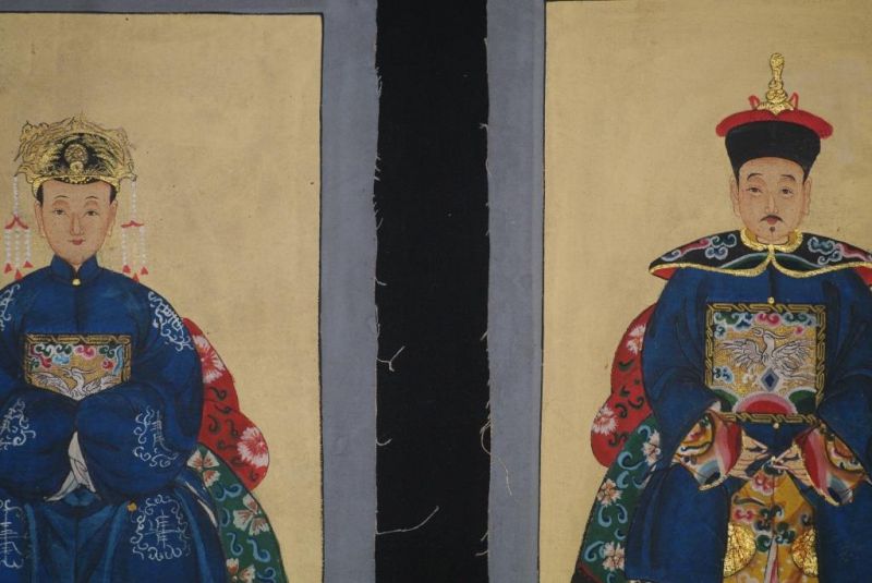 Qing Kleine Ahnenpaare und Kaiser Malerei Blau 2