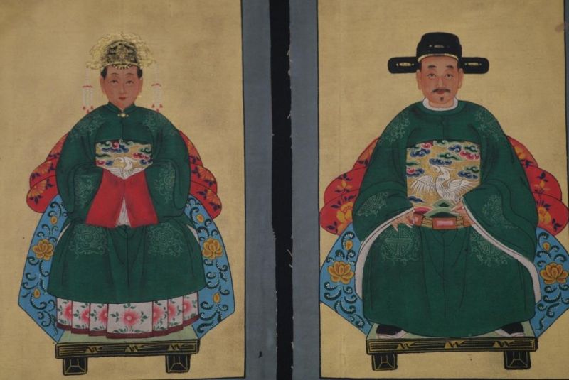 Qing Kleine Ahnenpaare und Kaiser Malerei Dunkelgrün 2