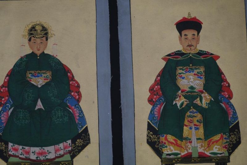 Qing Kleine Ahnenpaare und Kaiser Malerei Grün 2