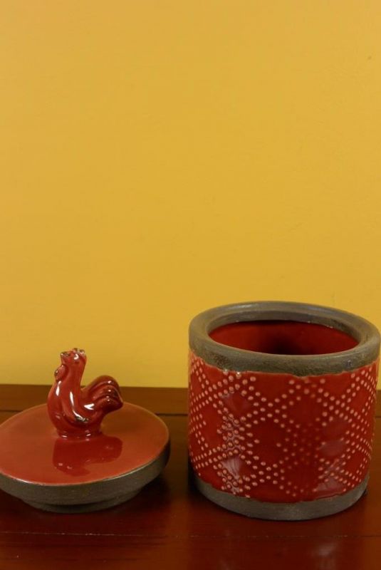 Rund chinesische Vase Modernes Porzellan Rot Hahn 4