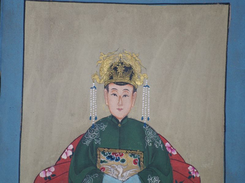Small Chinese ancestors couple - Chinese Oil Painting - Green 3