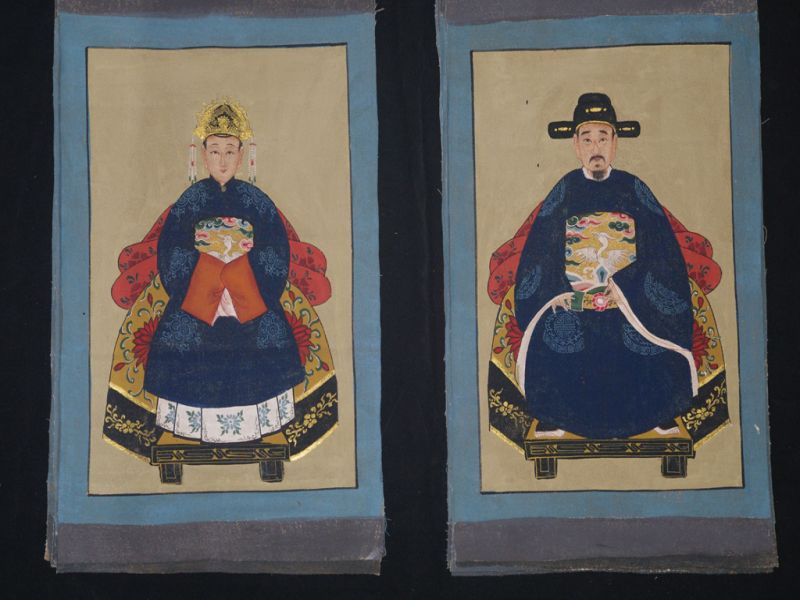 Small Chinese ancestors couple - Chinese Oil Painting - Navy Blue 1