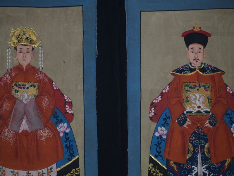 Small Chinese ancestors couple - Chinese Oil Painting - Orange 2