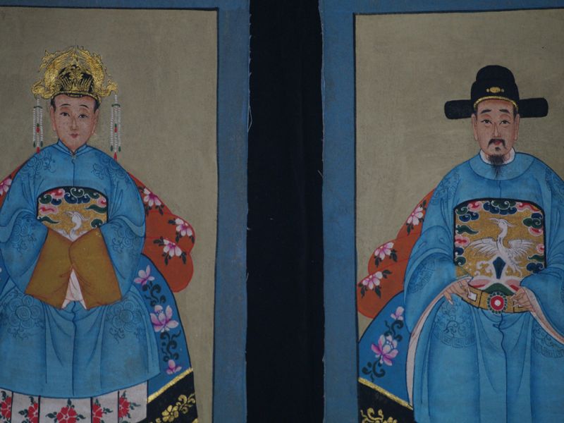 Small Chinese ancestors couple - Chinese Oil Painting - Royal blue 2