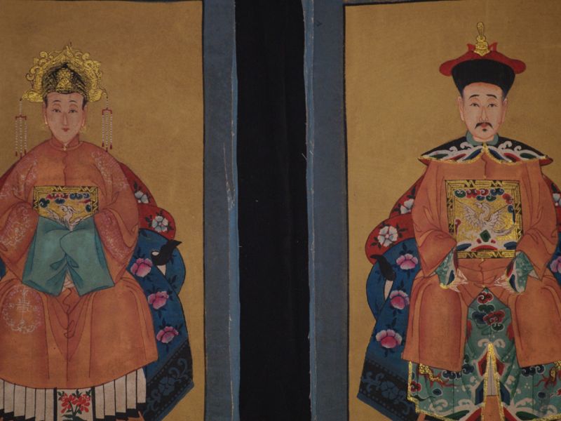 Small Chinese ancestors couple - Chinese Oil Painting - Salmon 2