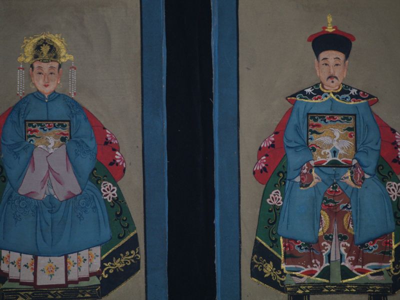 Small Chinese ancestors couple - Chinese Oil Painting - Sky Blue 2