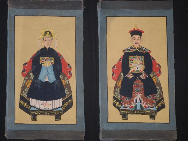 Small Chinese ancestors couple - Painting - Navy Blue / Black 1