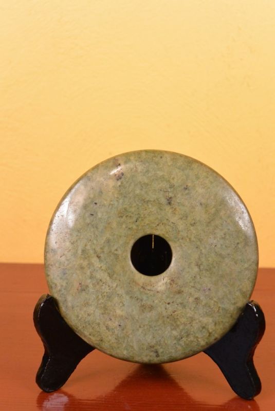 Small Chinese Bi Disk with wooden stand Green Tone 1
