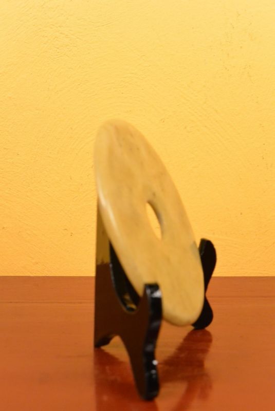 Small Chinese Bi Disk with wooden stand Yellow tones 4
