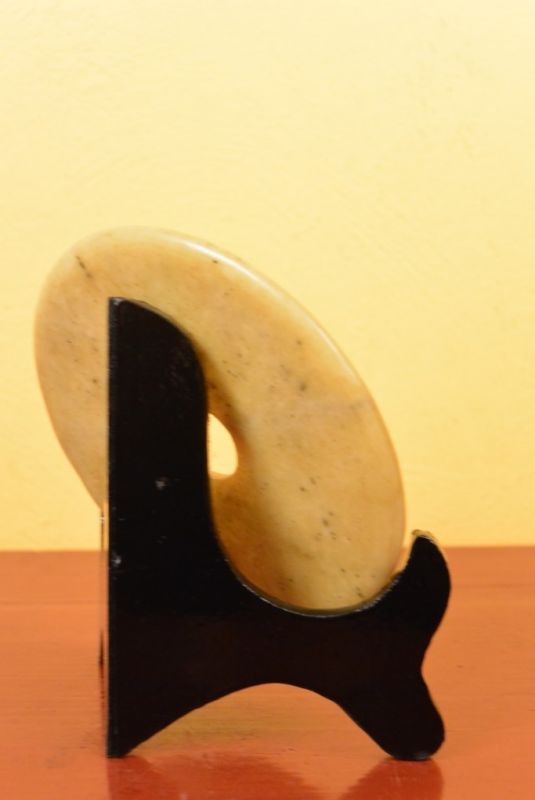 Small Chinese Bi Disk with wooden stand Yellow tones 5