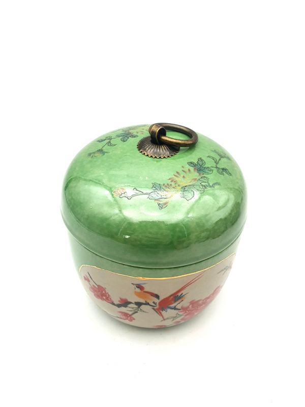 Small Chinese Porcelain Colored Potiche - Green - Bird of paradise on a cherry tree 2