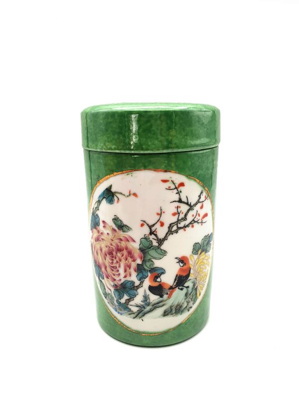 Small Chinese Porcelain Colored Potiche - Green - Birds on a branch 2