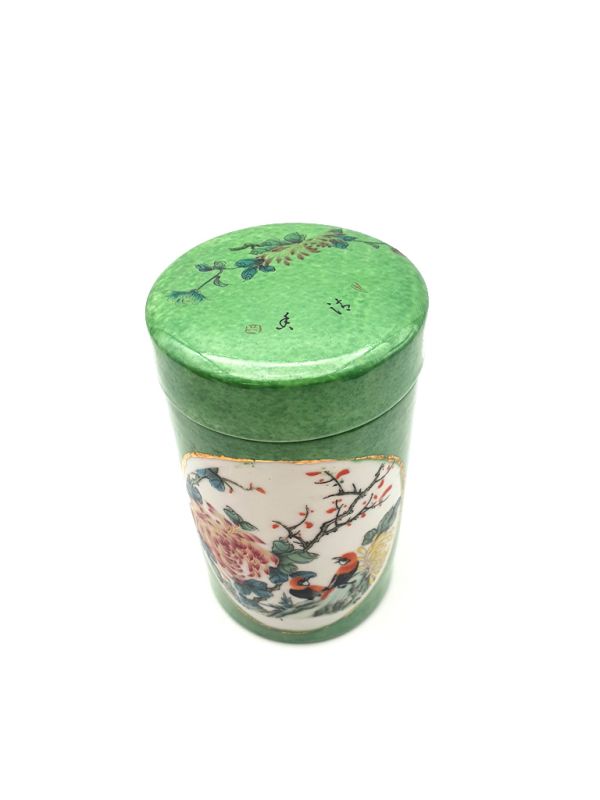 Small Chinese Porcelain Colored Potiche - Green - Birds on a branch 3