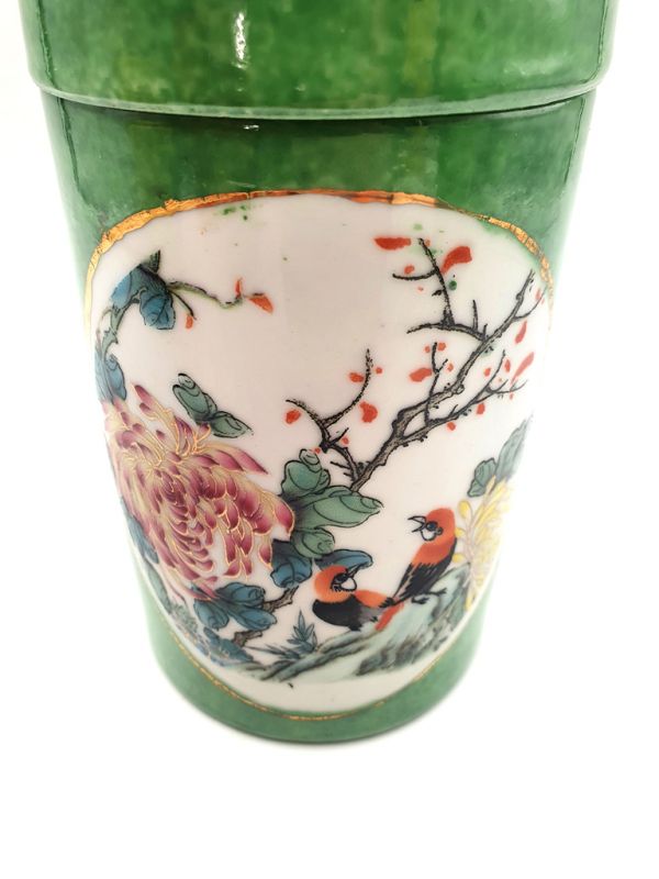 Small Chinese Porcelain Colored Potiche - Green - Birds on a branch 4