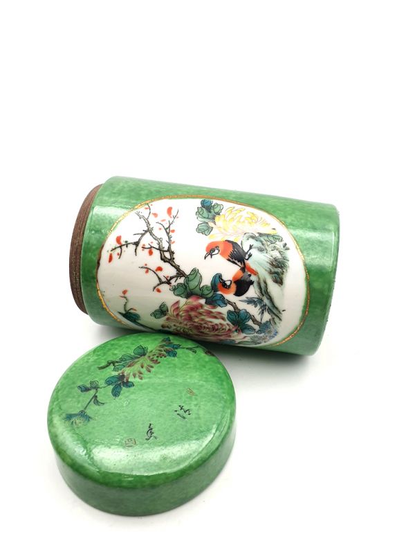 Small Chinese Porcelain Colored Potiche - Green - Birds on a branch 5