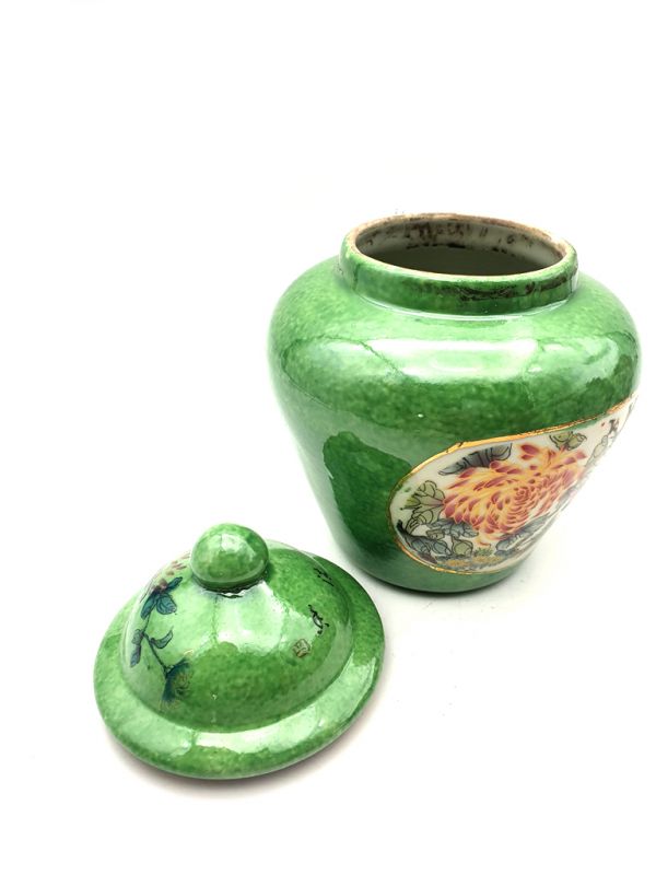 Small Chinese Porcelain Colored Potiche - Green - Landscape of China - Birds 4