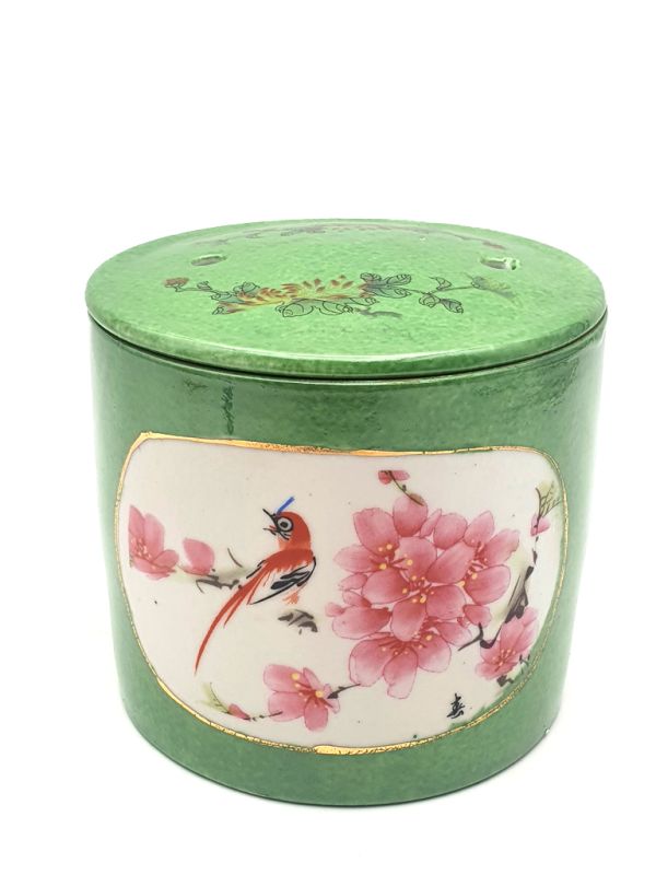 Small Chinese Porcelain Colored Potiche - Incense burner - Bird on a cherry tree 1