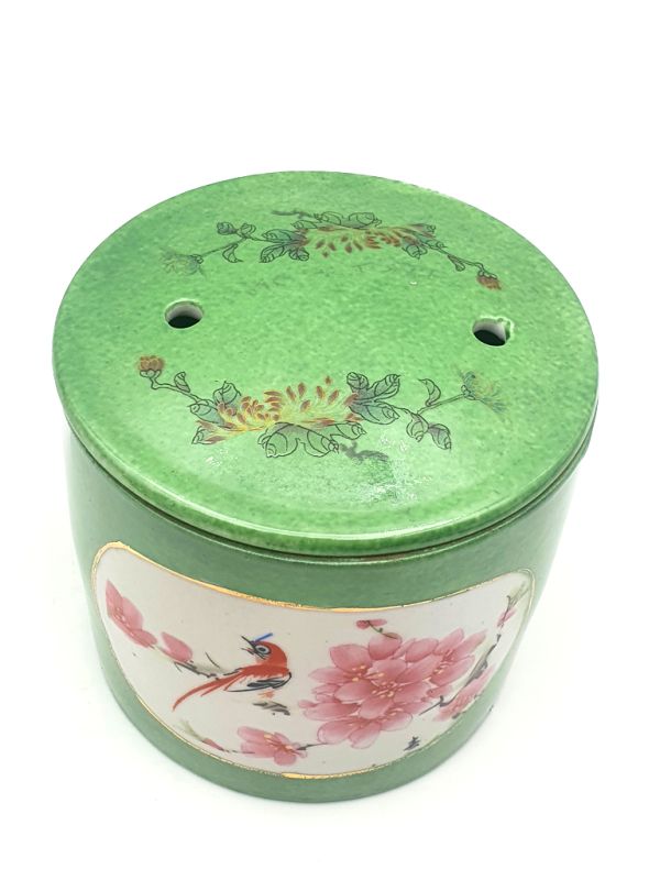 Small Chinese Porcelain Colored Potiche - Incense burner - Bird on a cherry tree 2